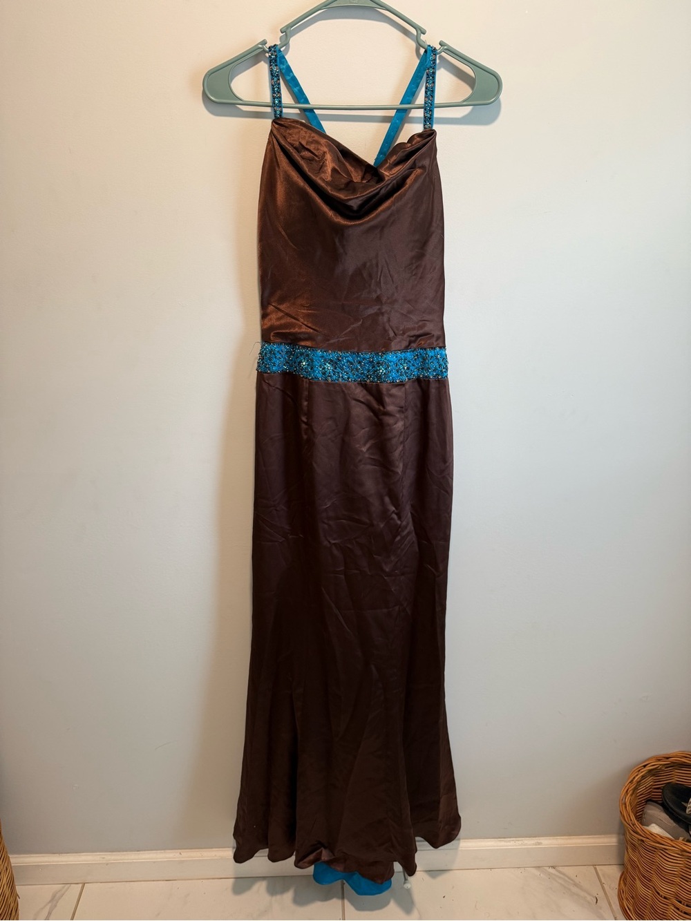 Brown Satin Evening Dress with Teal Sequin Accents